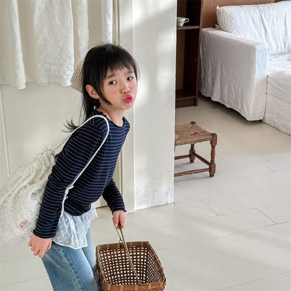 長袖Tシャツ キッズトップス ボーダーフリルネック長袖Tシャツ【mh0009019】