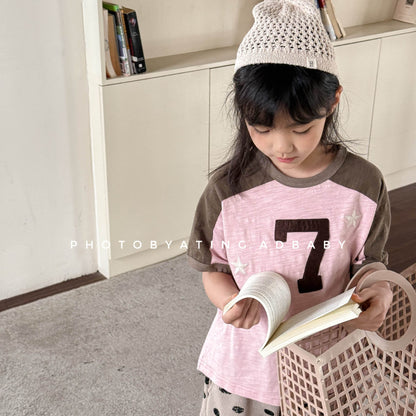 半袖Tシャツ ナンバースターロゴプリントパッチワークラグラン半袖Tシャツ【mh0009382】