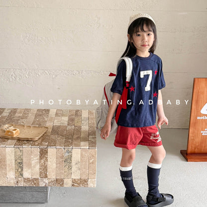 半袖Tシャツ ナンバースターロゴプリントパッチワークラグラン半袖Tシャツ【mh0009382】