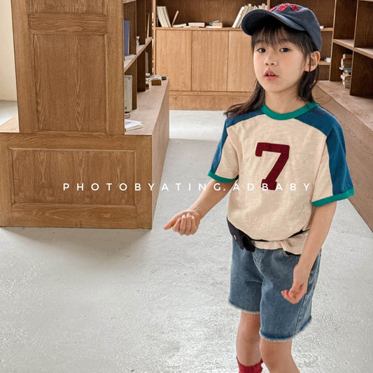 半袖Tシャツ ナンバースターロゴプリントパッチワークラグラン半袖Tシャツ【mh0009382】