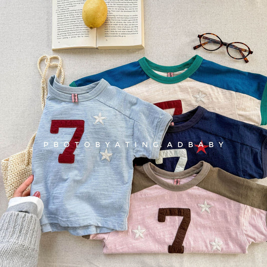 半袖Tシャツ ナンバースターロゴプリントパッチワークラグラン半袖Tシャツ【mh0009382】