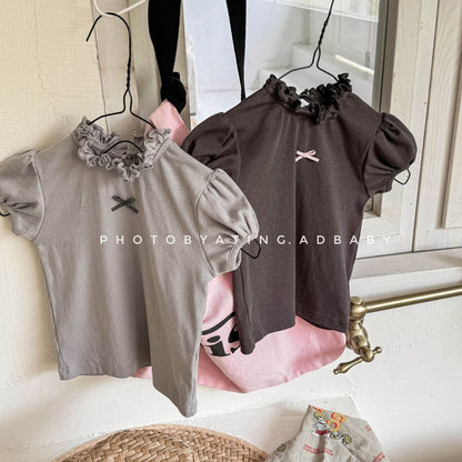 半袖Tシャツ リボンアクセントフリルスタンドカラーショートパフスリーブTシャツ【mh0009394】