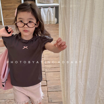 半袖Tシャツ リボンアクセントフリルスタンドカラーショートパフスリーブTシャツ【mh0009394】