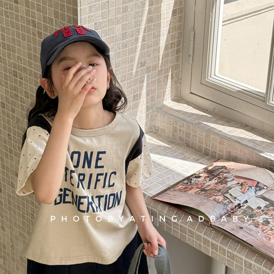 半袖Tシャツ レターロゴパッチワーク半袖Tシャツ【mh0010144】