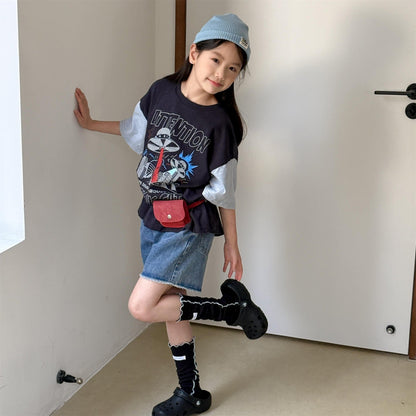 半袖Tシャツ プリントパッチワーク半袖Tシャツ【mh0010147】