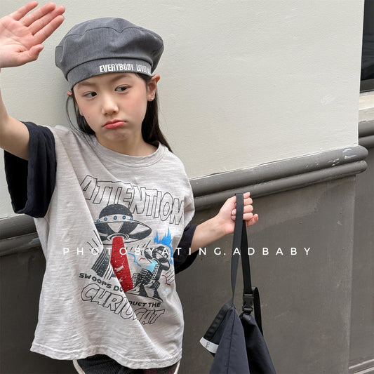 半袖Tシャツ プリントパッチワーク半袖Tシャツ【mh0010147】