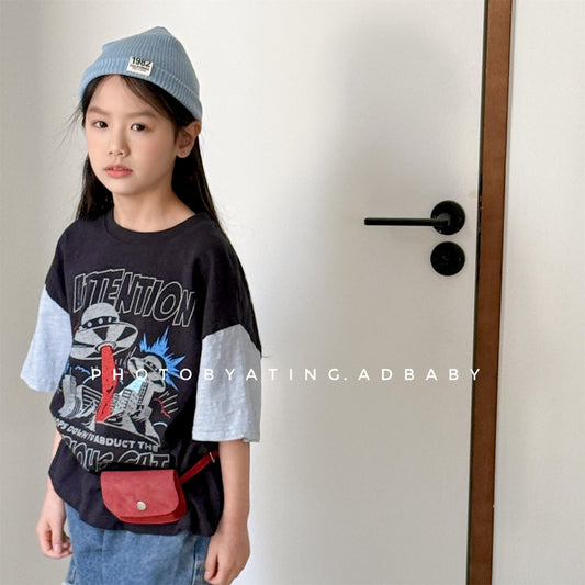 半袖Tシャツ プリントパッチワーク半袖Tシャツ【mh0010147】