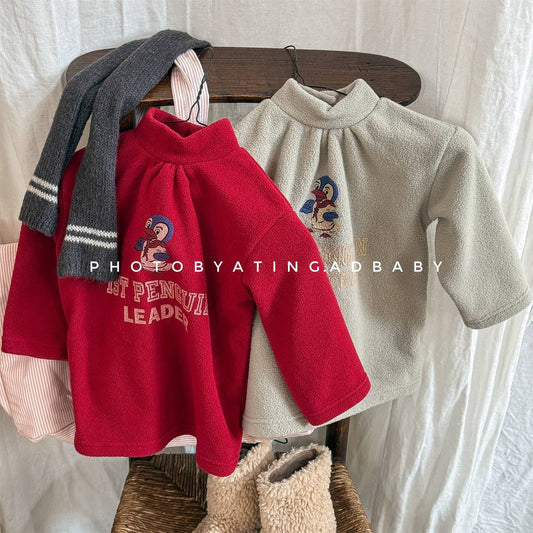 長袖Tシャツ 長袖Tシャツ フリース素材 ハイネック ペンギン刺繍 プルオーバー【mh0011407】