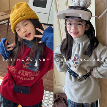 長袖Tシャツ 長袖Tシャツ フリース素材 ハイネック ペンギン刺繍 プルオーバー【mh0011407】