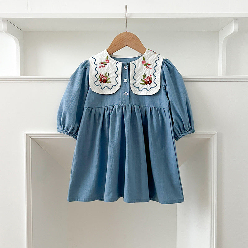 長袖ロンパース Blue dress / 90cm Embroidered Lapel Dress Bodysuit 刺繍襟ワンピース ロンパース【mh0012242】