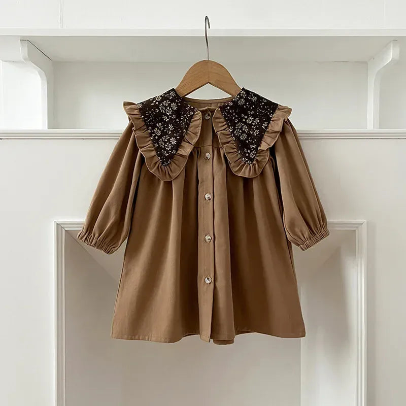 長袖ロンパース dress / 90cm 1-2y ベビーロンパース/キッズワンピース レトロフラワービッグ襟長袖パフスリーブボディスーツ/ワンピース リンクコーデ 姉妹 お揃いコーデ【mh0007287】