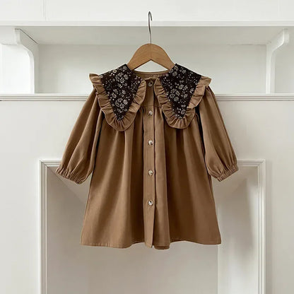 長袖ロンパース dress / 90cm 1-2y ベビーロンパース/キッズワンピース レトロフラワービッグ襟長袖パフスリーブボディスーツ/ワンピース リンクコーデ 姉妹 お揃いコーデ【mh0007287】