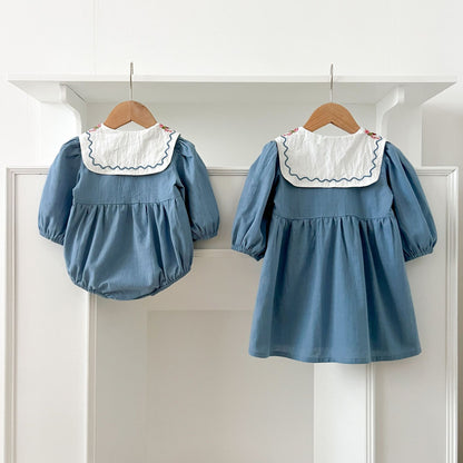 長袖ロンパース Embroidered Lapel Dress Bodysuit 刺繍襟ワンピース ロンパース【mh0012242】