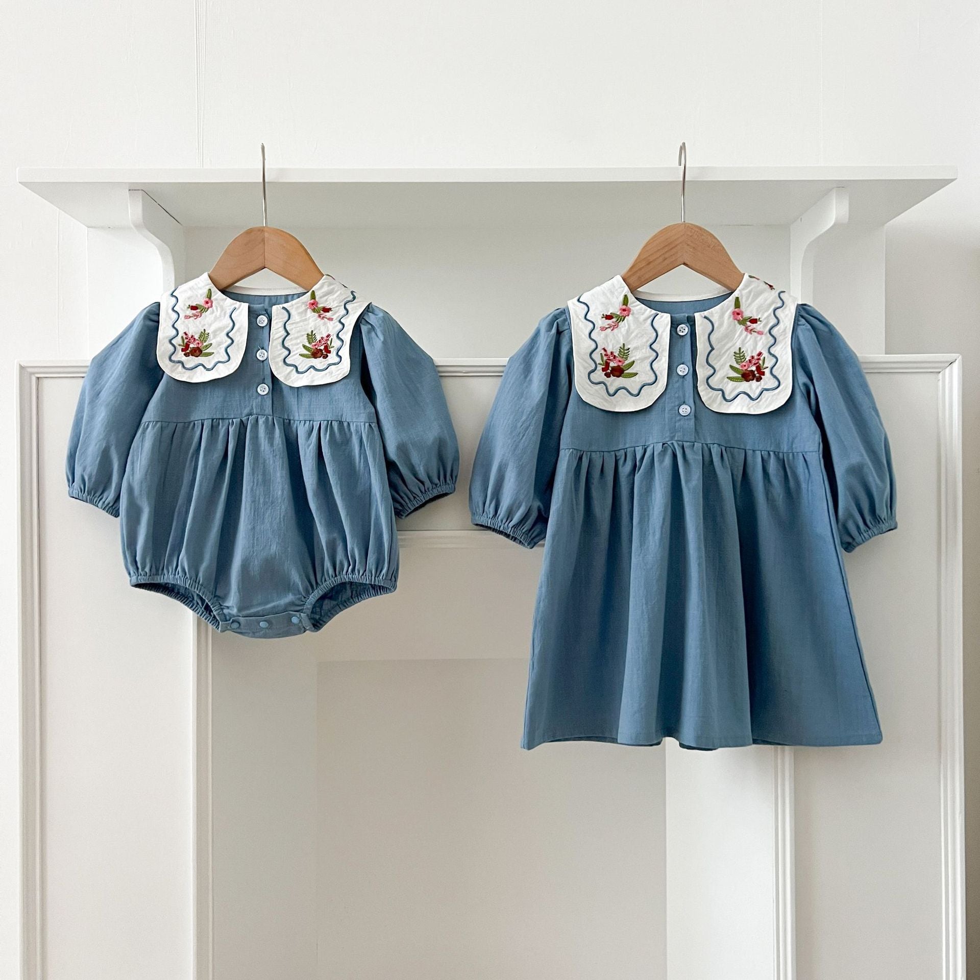 長袖ロンパース Embroidered Lapel Dress Bodysuit 刺繍襟ワンピース ロンパース【mh0012242】