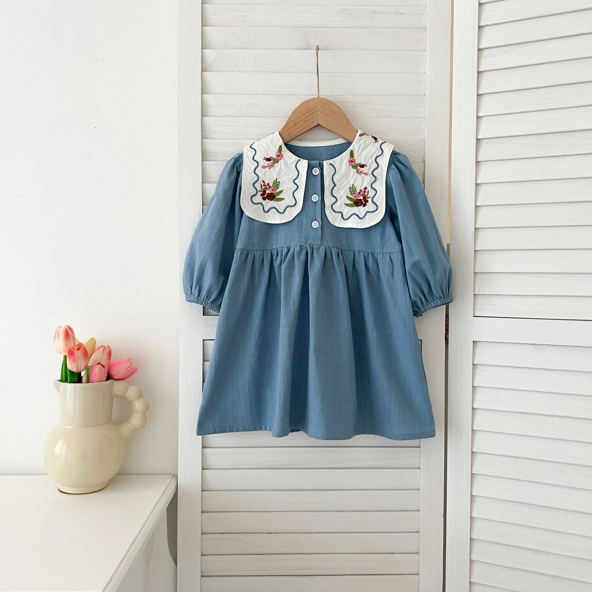 長袖ロンパース Embroidered Lapel Dress Bodysuit 刺繍襟ワンピース ロンパース【mh0012242】
