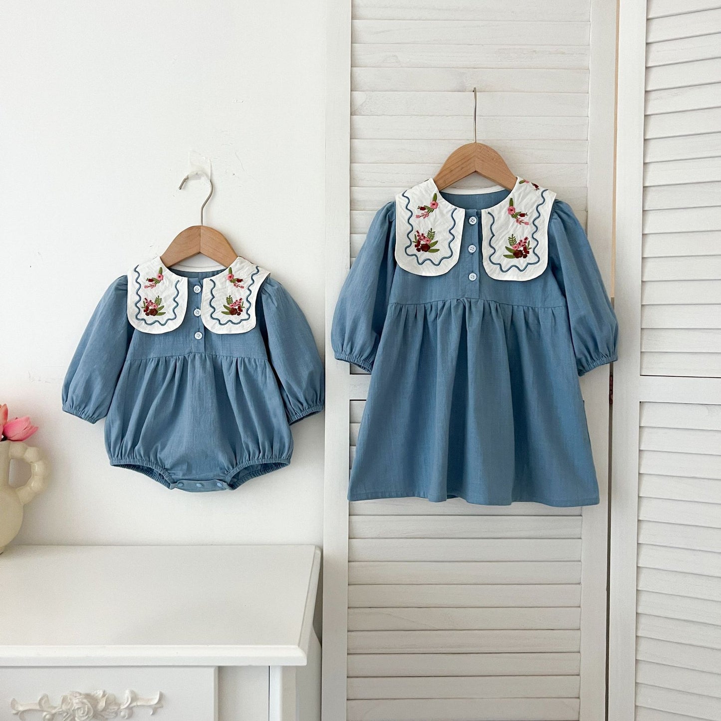 長袖ロンパース Embroidered Lapel Dress Bodysuit 刺繍襟ワンピース ロンパース【mh0012242】