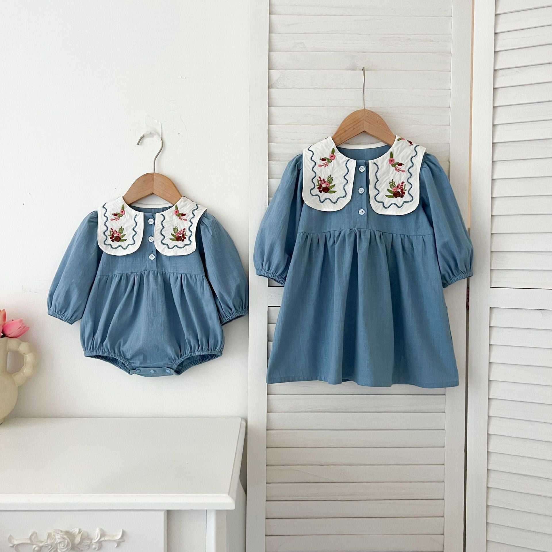 長袖ロンパース Embroidered Lapel Dress Bodysuit 刺繍襟ワンピース ロンパース【mh0012242】