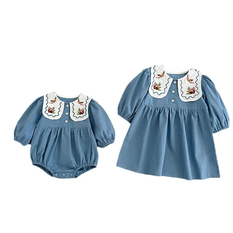 長袖ロンパース Embroidered Lapel Dress Bodysuit 刺繍襟ワンピース ロンパース【mh0012242】