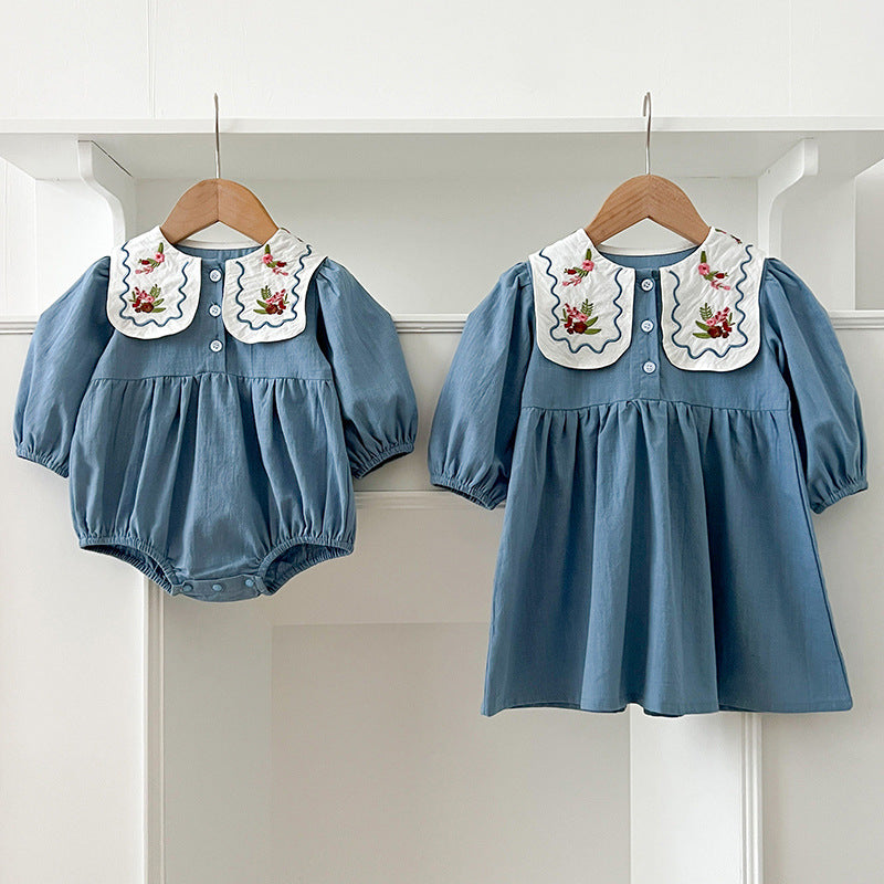 長袖ロンパース Embroidered Lapel Dress Bodysuit 刺繍襟ワンピース ロンパース【mh0012242】