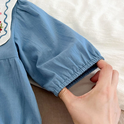 長袖ロンパース Embroidered Lapel Dress Bodysuit 刺繍襟ワンピース ロンパース【mh0012242】