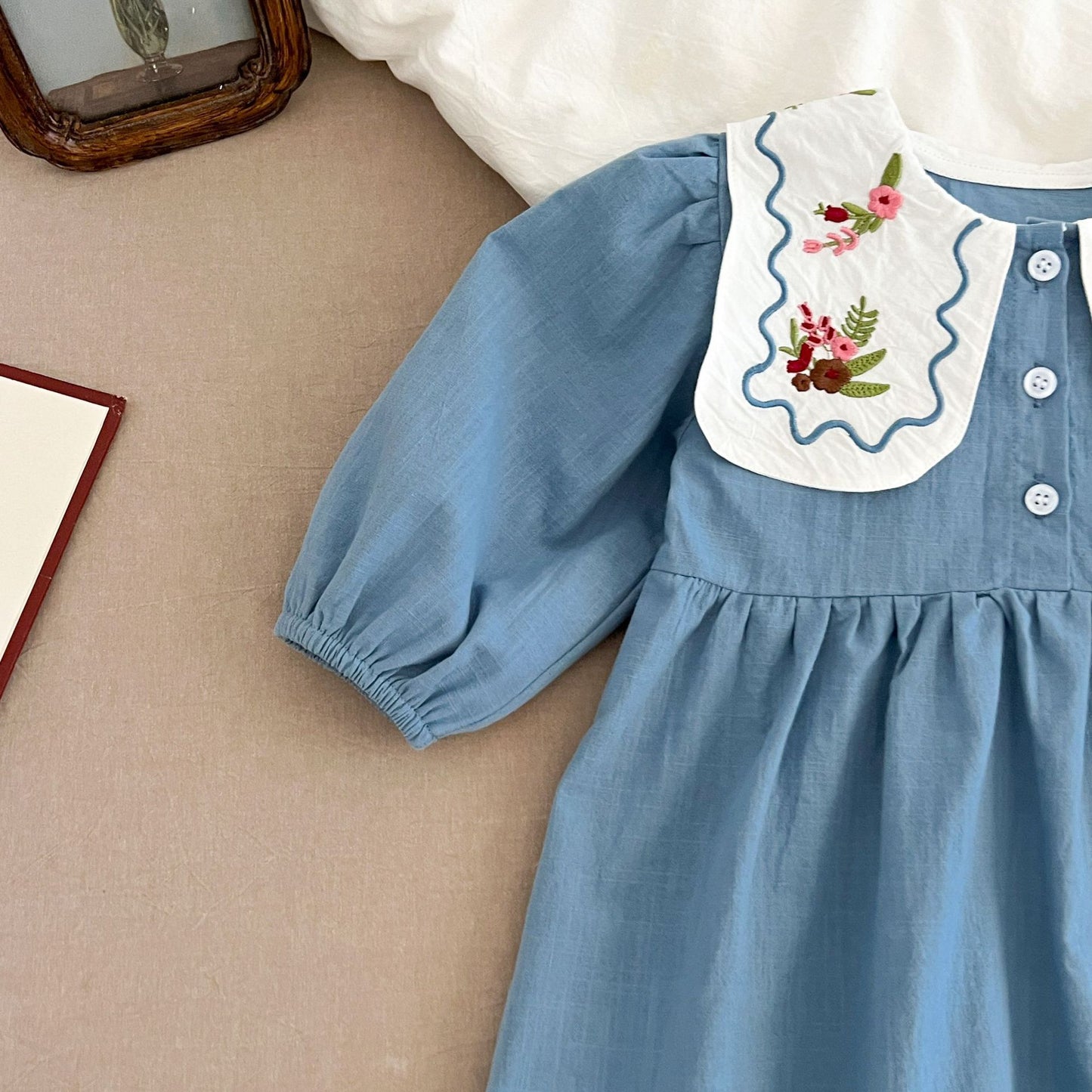 長袖ロンパース Embroidered Lapel Dress Bodysuit 刺繍襟ワンピース ロンパース【mh0012242】