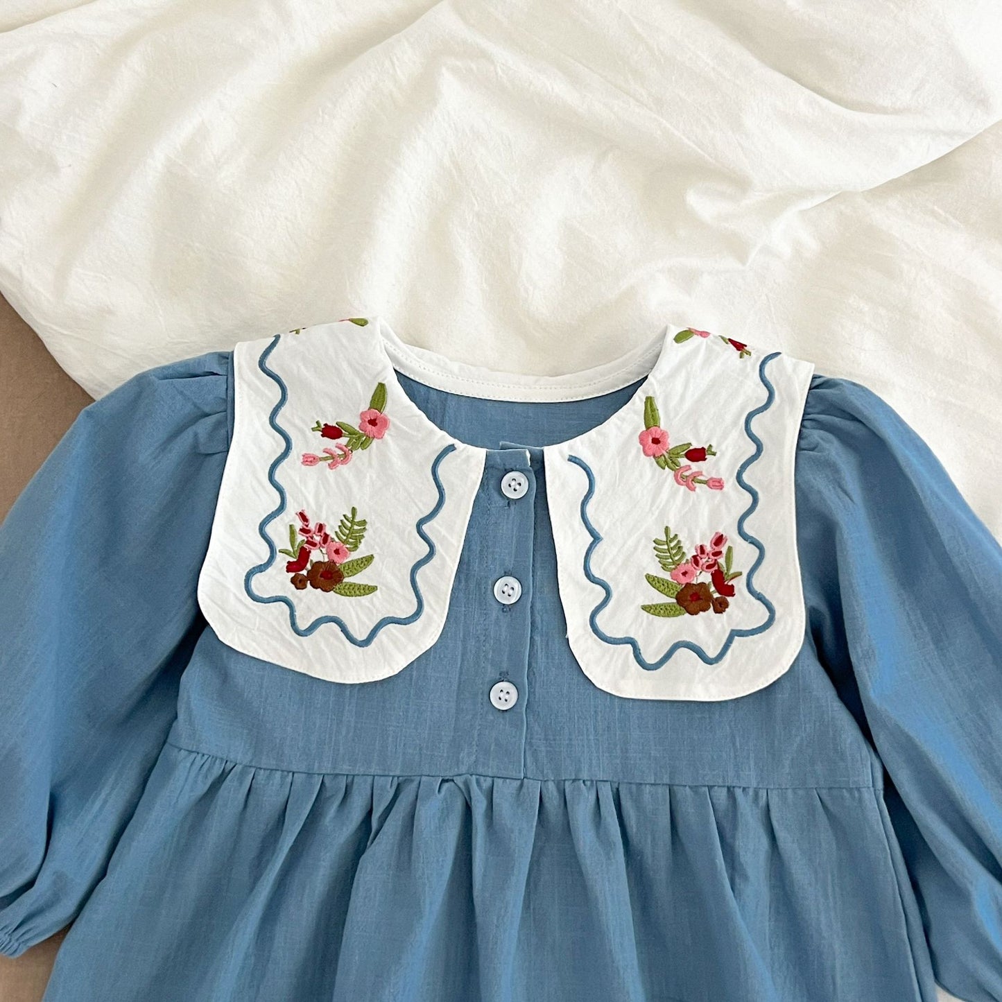 長袖ロンパース Embroidered Lapel Dress Bodysuit 刺繍襟ワンピース ロンパース【mh0012242】