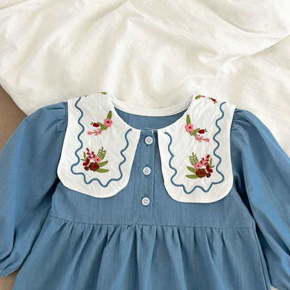 長袖ロンパース Embroidered Lapel Dress Bodysuit 刺繍襟ワンピース ロンパース【mh0012242】