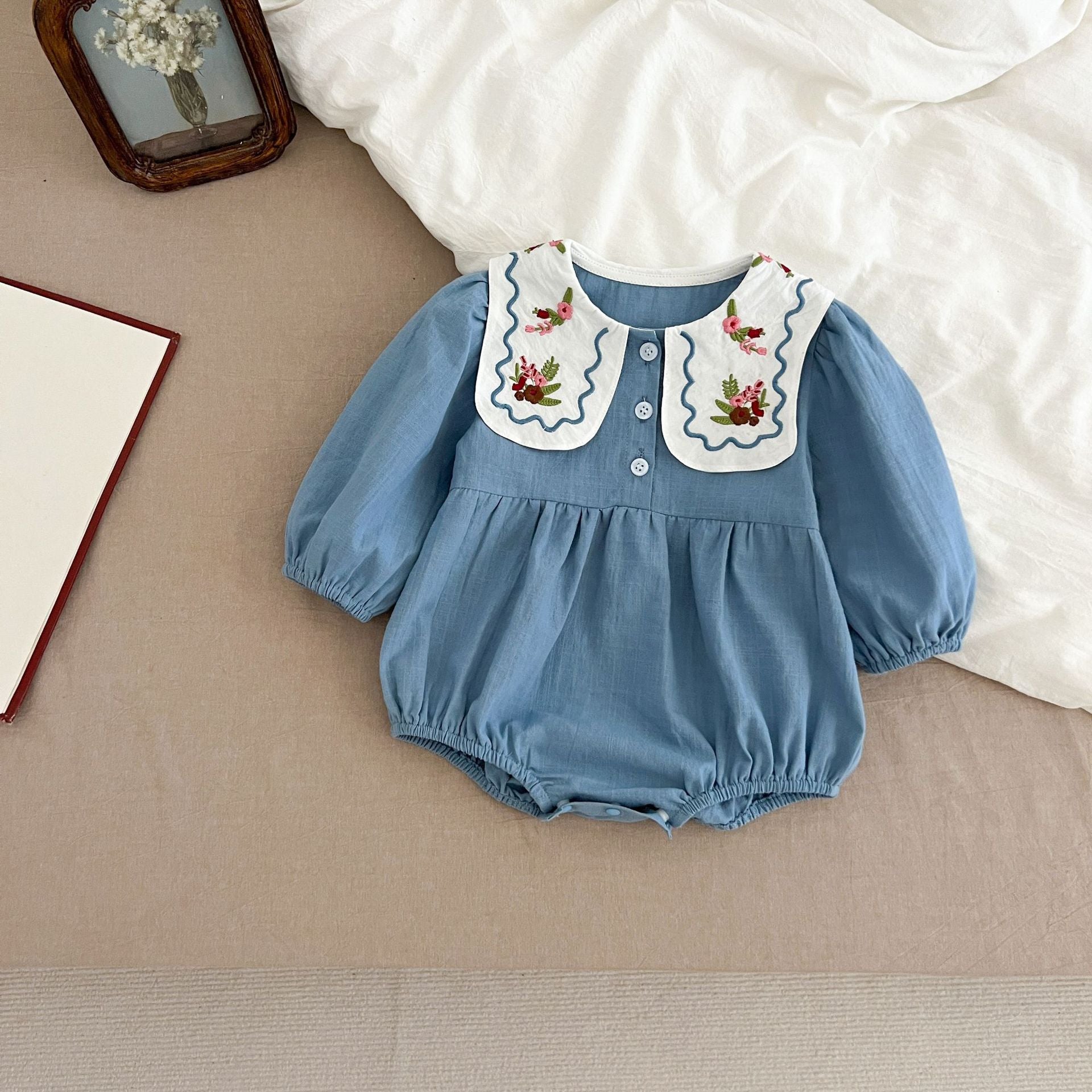 長袖ロンパース Embroidered Lapel Dress Bodysuit 刺繍襟ワンピース ロンパース【mh0012242】