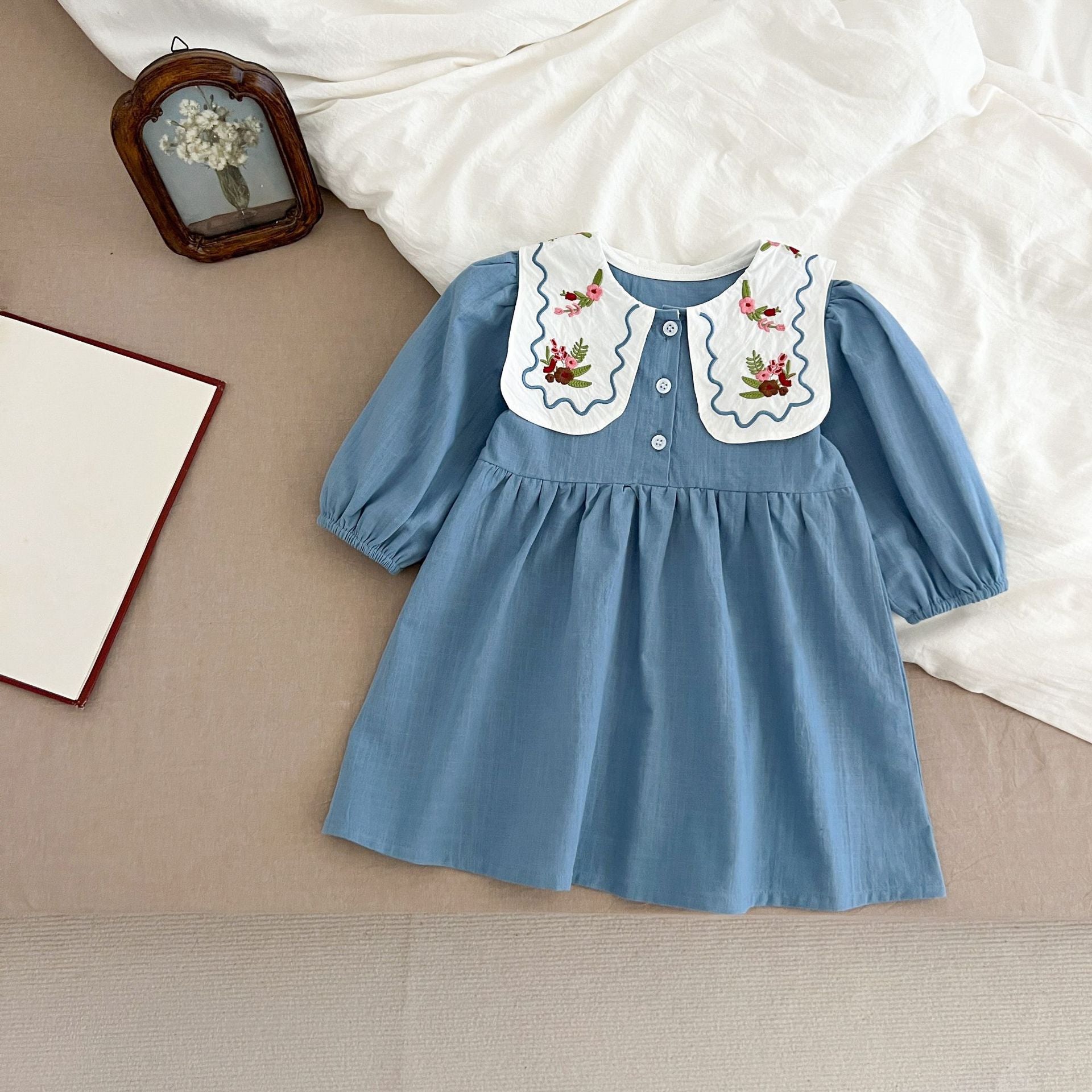 長袖ロンパース Embroidered Lapel Dress Bodysuit 刺繍襟ワンピース ロンパース【mh0012242】