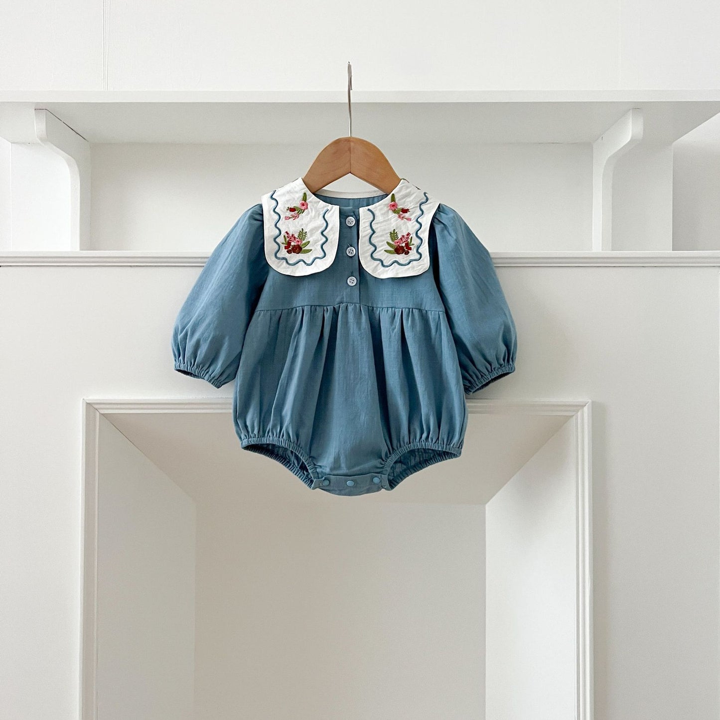 長袖ロンパース Embroidered Lapel Dress Bodysuit 刺繍襟ワンピース ロンパース【mh0012242】