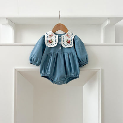 長袖ロンパース Embroidered Lapel Dress Bodysuit 刺繍襟ワンピース ロンパース【mh0012242】