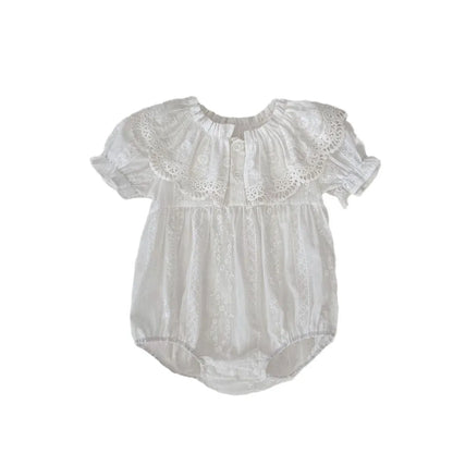 半袖ロンパース ベビーロンパース/キッズワンピース 半袖レース刺繍フリル リンクコーデ 姉妹 お揃いコーデ ホワイト【mh0005618】