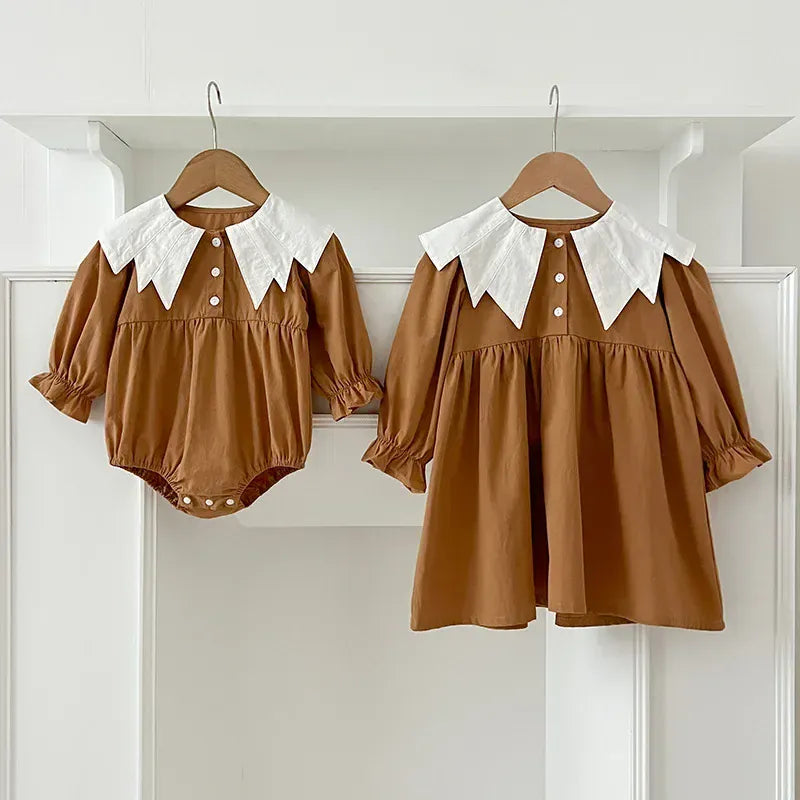 長袖ロンパース ベビーロンパース/キッズワンピース ギザギザ襟長袖パフスリーブボディスーツ/ワンピース リンクコーデ 姉妹 お揃いコーデ【mh0007286】