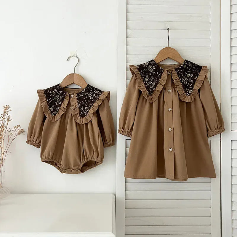 長袖ロンパース ベビーロンパース/キッズワンピース レトロフラワービッグ襟長袖パフスリーブボディスーツ/ワンピース リンクコーデ 姉妹 お揃いコーデ【mh0007287】