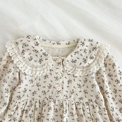 長袖ロンパース ベビーロンパース/キッズワンピース レース丸襟フラワープリント長袖ボディスーツ/ワンピース リンクコーデ 姉妹 お揃いコーデ【mh0007537】