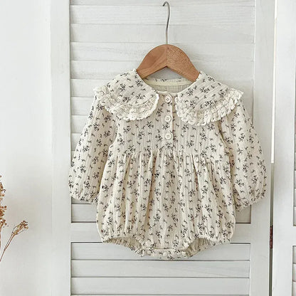 長袖ロンパース ベビーロンパース/キッズワンピース レース丸襟フラワープリント長袖ボディスーツ/ワンピース リンクコーデ 姉妹 お揃いコーデ【mh0007537】