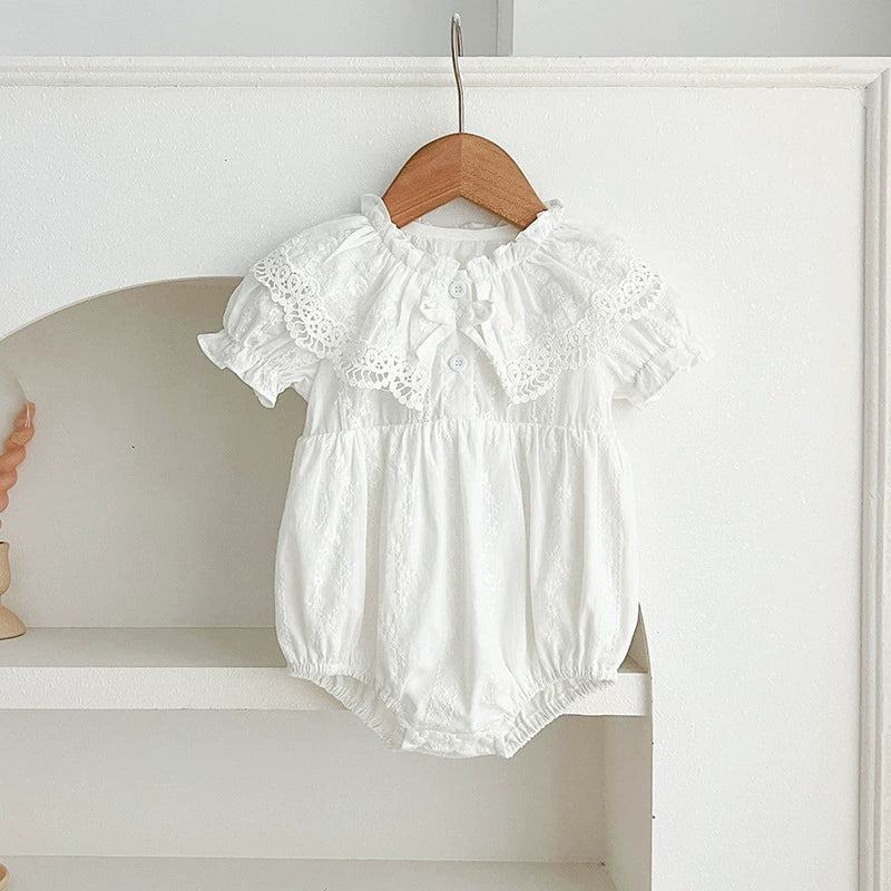 半袖ロンパース romper / 66cm 0-6m ベビーロンパース/キッズワンピース 半袖レース刺繍フリル リンクコーデ 姉妹 お揃いコーデ ホワイト【mh0005618】