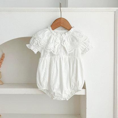 半袖ロンパース romper / 66cm 0-6m ベビーロンパース/キッズワンピース 半袖レース刺繍フリル リンクコーデ 姉妹 お揃いコーデ ホワイト【mh0005618】