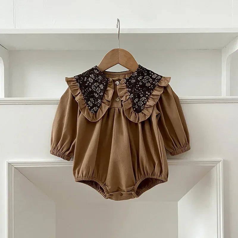 長袖ロンパース romper / 66cm 0-6m ベビーロンパース/キッズワンピース レトロフラワービッグ襟長袖パフスリーブボディスーツ/ワンピース リンクコーデ 姉妹 お揃いコーデ【mh0007287】