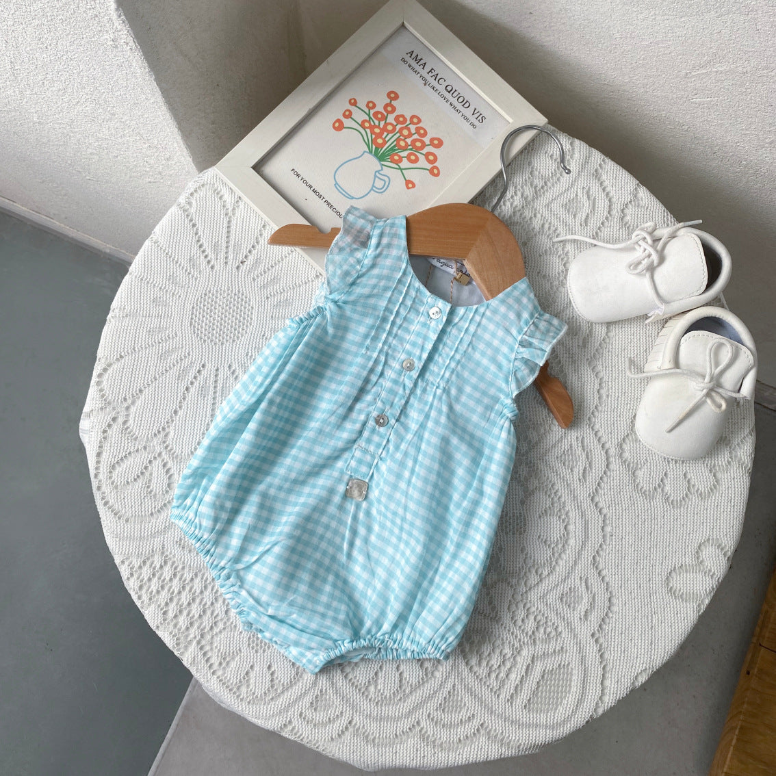 al agua patos | Gauze Cotton Gingham Romper ガーゼコットンギンガムチェックロンパース【mh0020150】 Green and white checkered one-piece crawling suit / 1M mamahalo shop