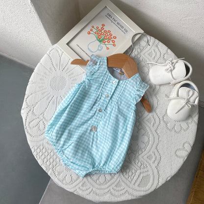 al agua patos | Gauze Cotton Gingham Romper ガーゼコットンギンガムチェックロンパース【mh0020150】 Green and white checkered one-piece crawling suit / 1M mamahalo shop