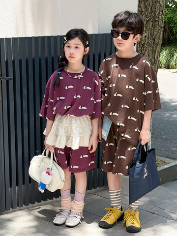 Allover Graphic Loose Top Shorts Set ドッグプリント 半袖Tシャツ ハーフパンツ【mh0013539】 KUMAI.KIDS 半袖セットアップ