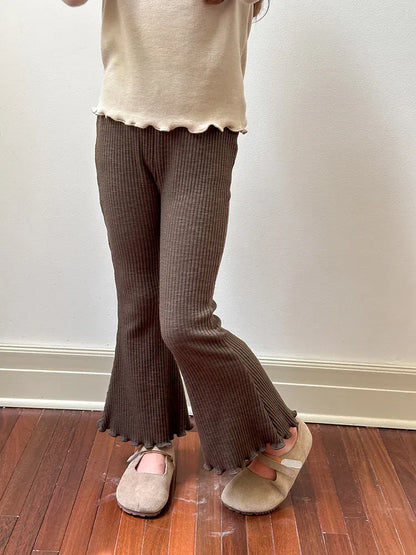 レギンスパンツ Coffee / 2T (90) キッズパンツ フリルフレアリブニットシンプルレギンスパンツ 5カラー【mh0006857】