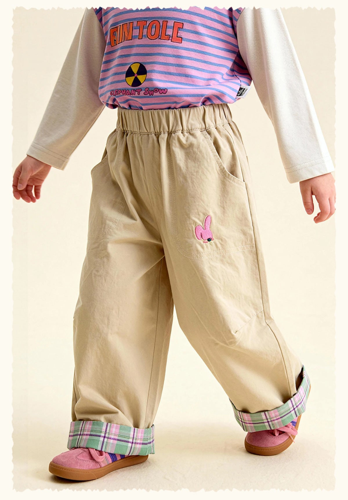 ロングパンツ・スウェットパンツ Cartoon Plaid Cuffed Loose Pants チェック柄ロールアップパンツ【mh0011979】