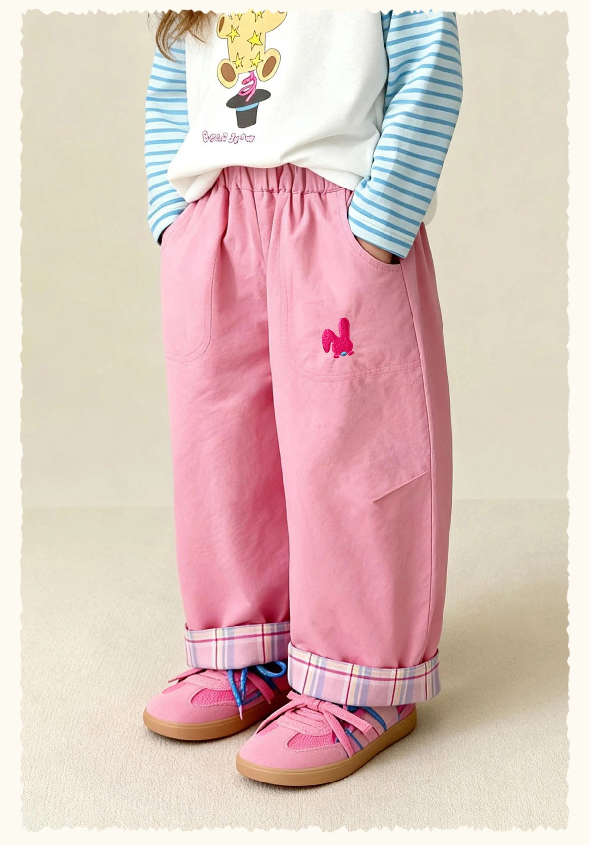 ロングパンツ・スウェットパンツ Cartoon Plaid Cuffed Loose Pants チェック柄ロールアップパンツ【mh0011979】