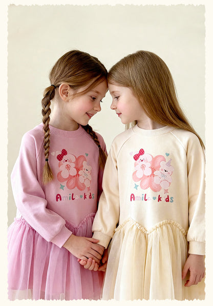 長袖ワンピース Cartoon Print Mesh Spliced Dress プリントチュールドッキングワンピース【mh0011984】