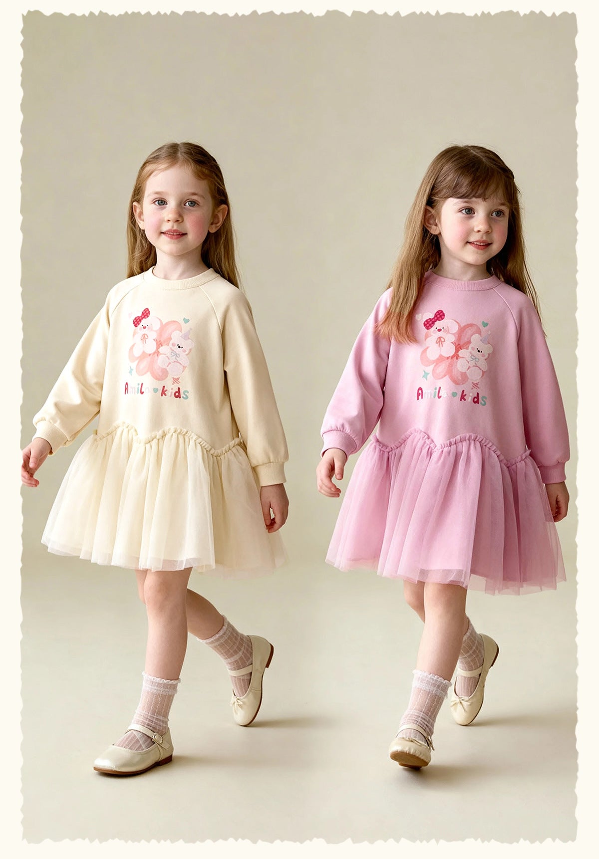 長袖ワンピース Cartoon Print Mesh Spliced Dress プリントチュールドッキングワンピース【mh0011984】