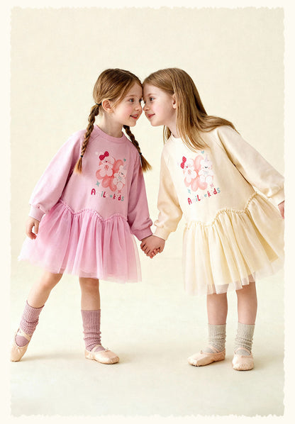 長袖ワンピース Cartoon Print Mesh Spliced Dress プリントチュールドッキングワンピース【mh0011984】