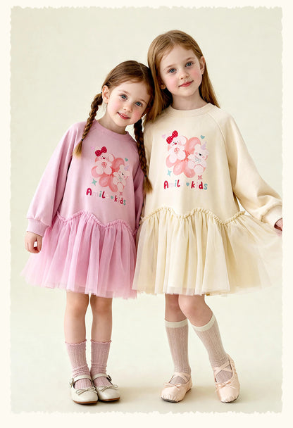 長袖ワンピース Cartoon Print Mesh Spliced Dress プリントチュールドッキングワンピース【mh0011984】