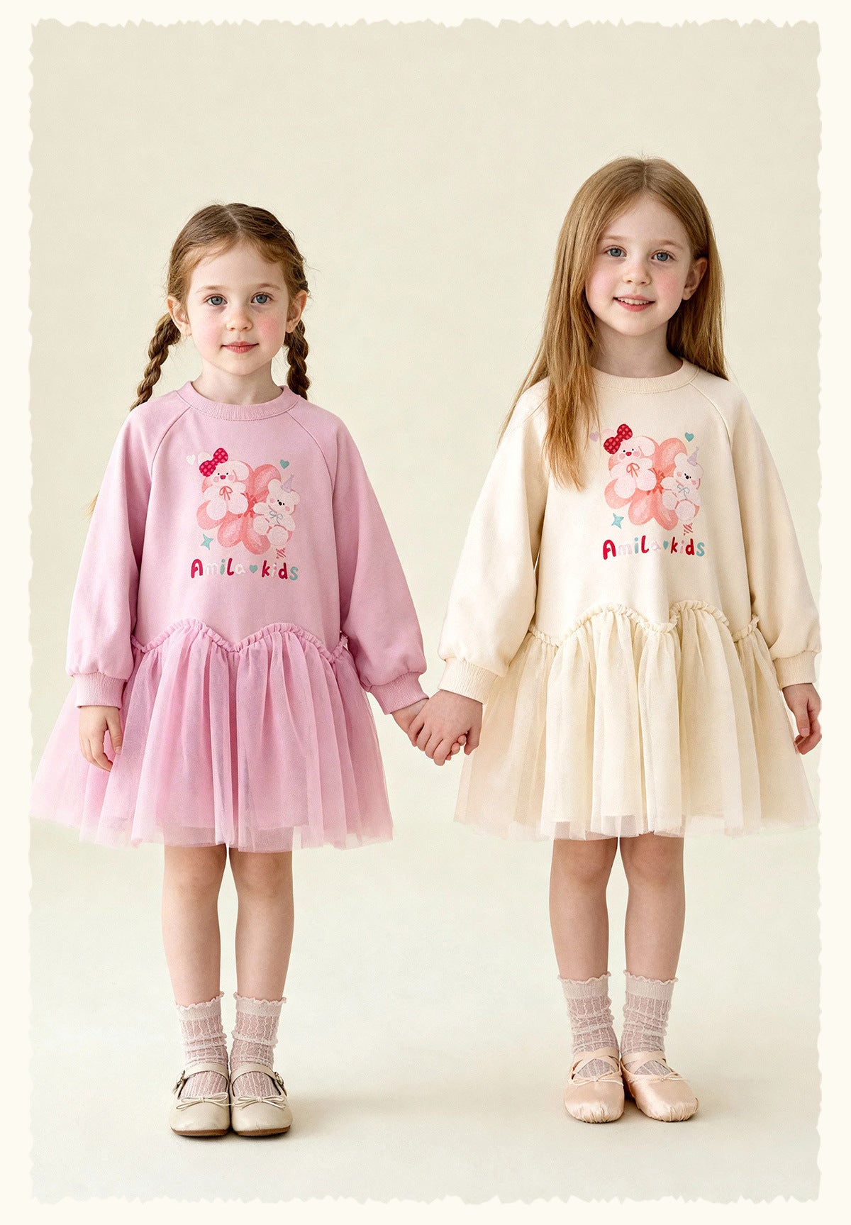 長袖ワンピース Cartoon Print Mesh Spliced Dress プリントチュールドッキングワンピース【mh0011984】